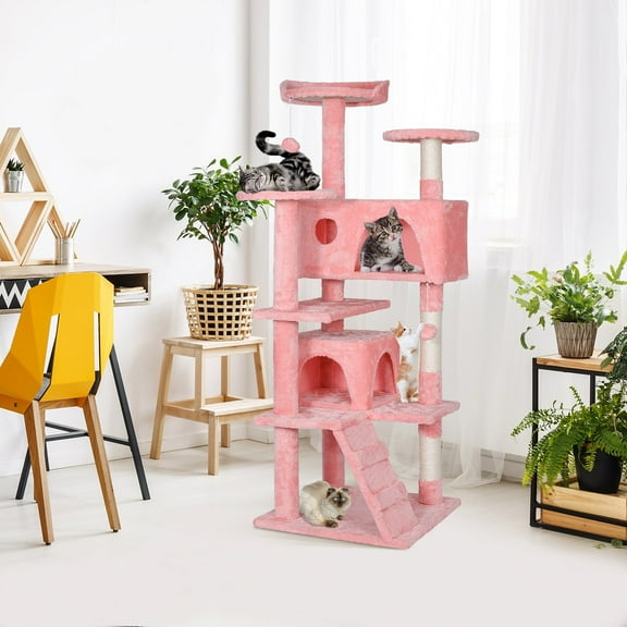 SONGMY 55" Cat Tree Tower, Pink Activity Center Large Playing House Condo, Multi-Level Cat Furniture with Scratching Posts