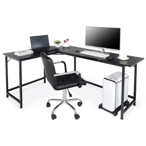 SONGMY 66-inch L-Shaped Computer Desk, Corner Desk with Monitor Stand, Home Office Writing Table with CPU Storage Shelf