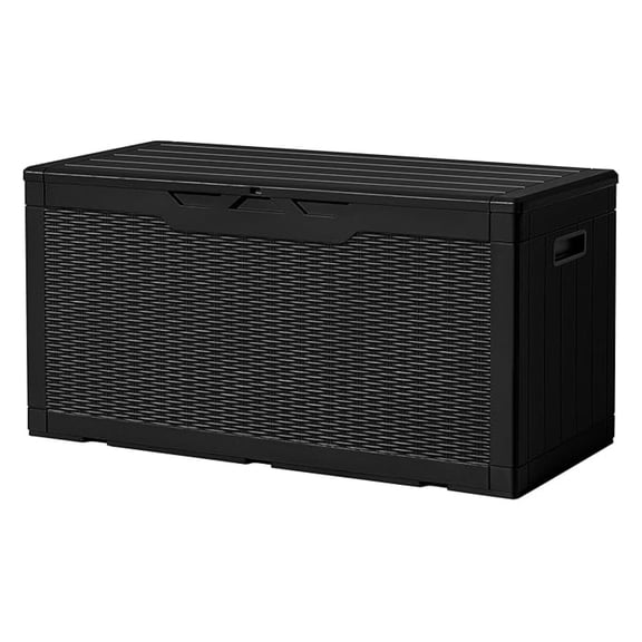 SONGMY 97 Gallon Deck Box, Waterproof Resin Outdoor Storage Box for Outside and Patio, Large Outdoor Storage Bench Cabinet Lockable for Patio Furniture, Garden Tools and Pool Supplies (Black)