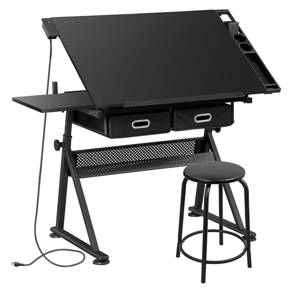 SONGMY Adjustable Drafting Table with Stool & Outlet - Tilting Drawing Desk with Storage Drawers, Black Art Craft Workstation for Home Office