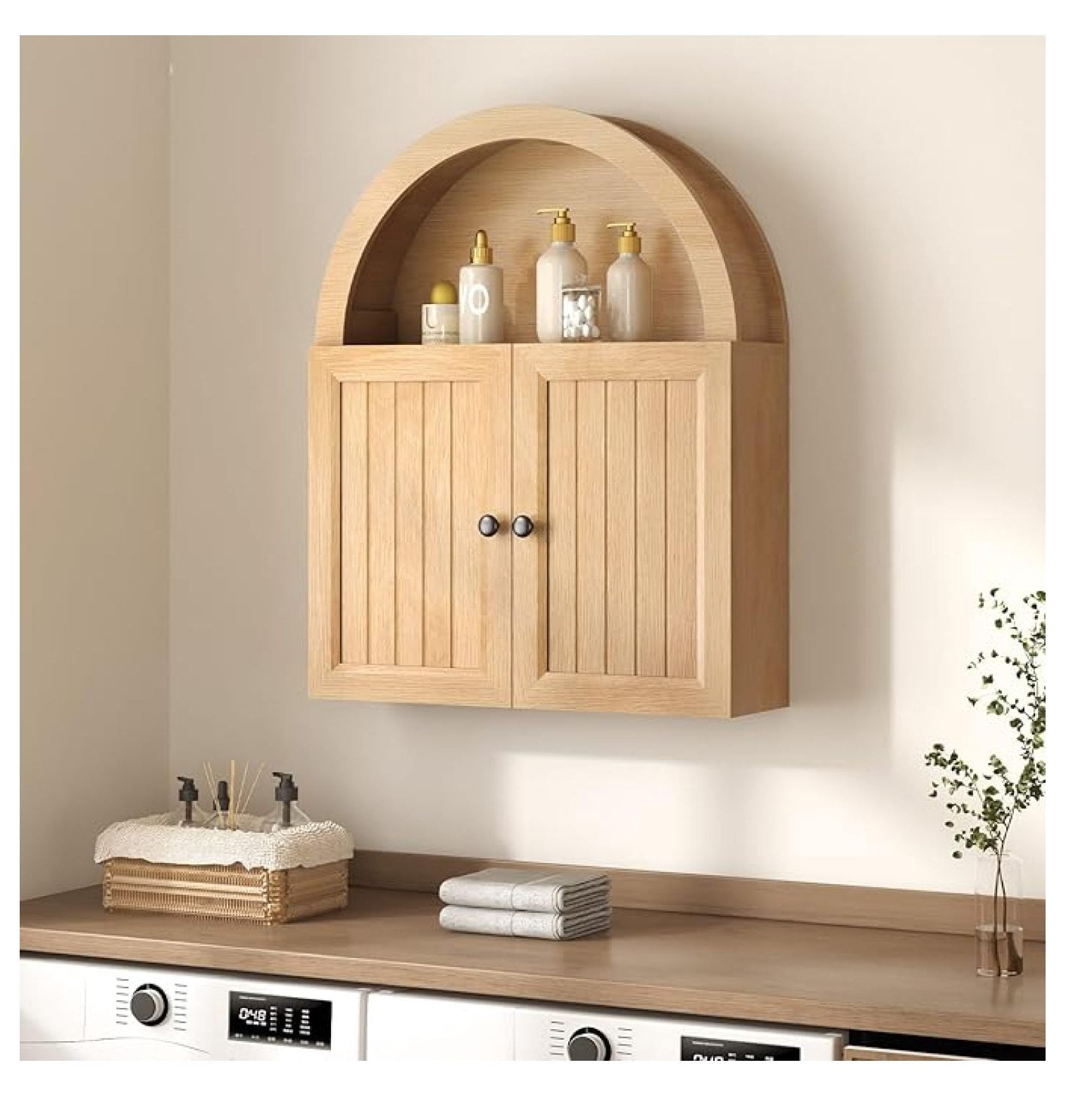 SONGMY Arched Bathroom Wall Cabinet, 23.6 x 30.3'' Over The Toilet Cabinet with Grille Door, Adjustable Shelf, Wall Mounted Cabinets for Bathroom Laundry Room Kitchen (Oak, 30IN)