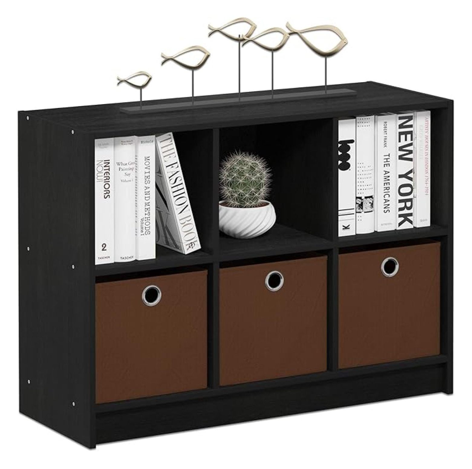 SONGMY BASIC Book Shelf, 6-Cube Bookshelf, 3 x 2 Bookcase with Storage Bins, 11.9" x 31.6" x 23.6", for Living Room, Bedroom, Home Office, Americano