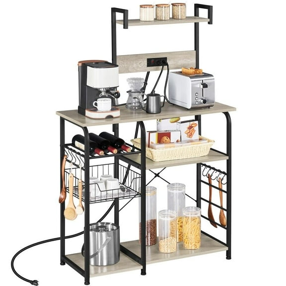 SONGMY Bakers Rack with Power Outlet, 4-Tier Microwave Stand Cart Coffee Bar with Wire Basket and Wine Storage, Freestanding Kitchen Shelf Extra Counter Space,Gray