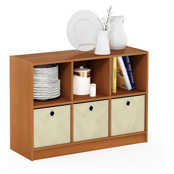 SONGMY Basic 3x2 Bookcase Storage w/Bins, Light Cherry/Ivory