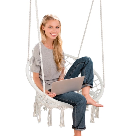 SONGMY Beige Hammock Chair, Hanging Chair Swing with Tassels, Macrame Hanging Rope Chair for Indoor Outdoor
