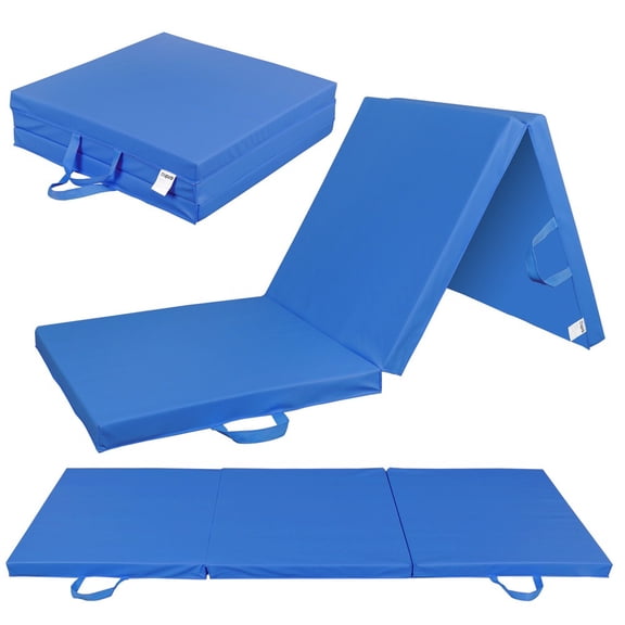 SONGMY Blue 6'x2' Folding Exercise Mat, Thick Foam Tri-Fold Fitness Gym Mat, PU Leather Workout Mat for Yoga Gymnastics