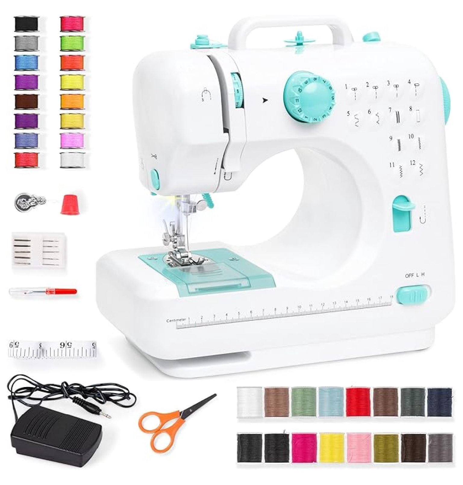 SONGMY Compact Sewing Machine, 42-Piece Beginners Kit, Multifunctional Portable 6V Beginner Sewing Machine w/ 12 Stitch Patterns, Light, Foot Pedal, Storage Drawer - Teal/White