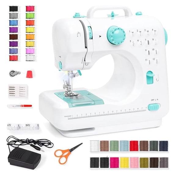 SONGMY Compact Sewing Machine, 42-Piece Beginners Kit, Multifunctional Portable 6V Beginner Sewing Machine w/ 12 Stitch Patterns, Light, Foot Pedal, Storage Drawer - Teal/White