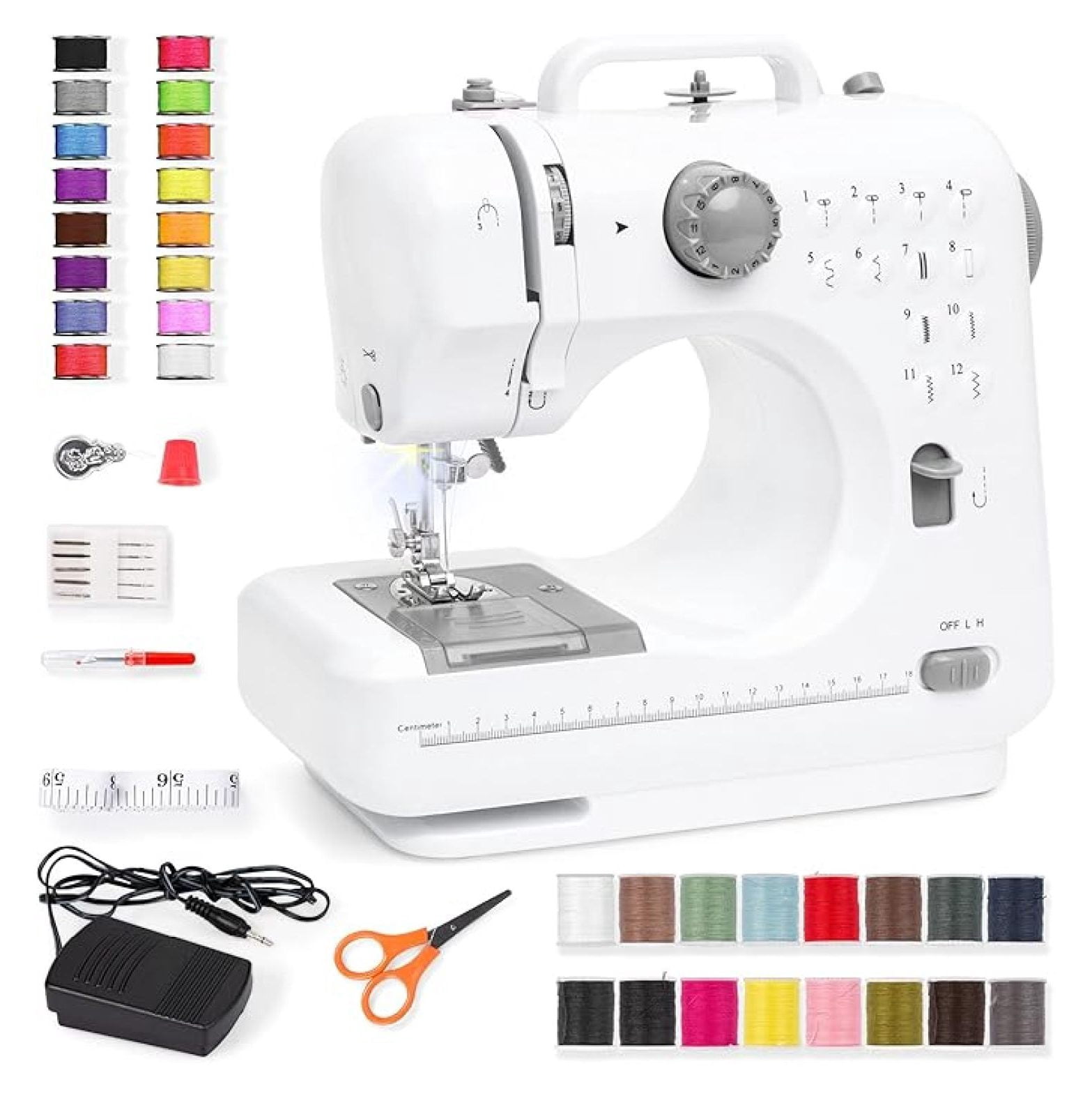 SONGMY Compact Sewing Machine, 42-Piece Beginners Kit, Multifunctional Portable 6V for Beginner w/ 12 Stitch Patterns, Light, Foot Pedal, Storage Drawer - Gray/White