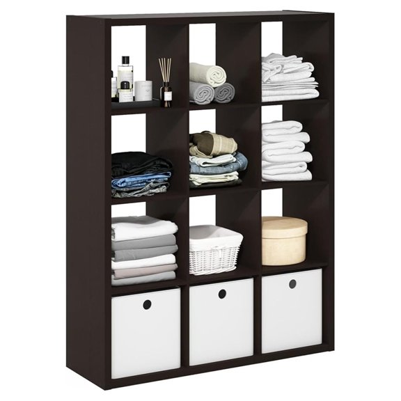 SONGMY Cubicle Book Shelf, 12-Cube Thick Frame Bookshelf, Reversible Bookcase with Open Back, 14.6 x 43.8 x 58, for Living Room, Bedroom, Home Office, Black Dark Oak