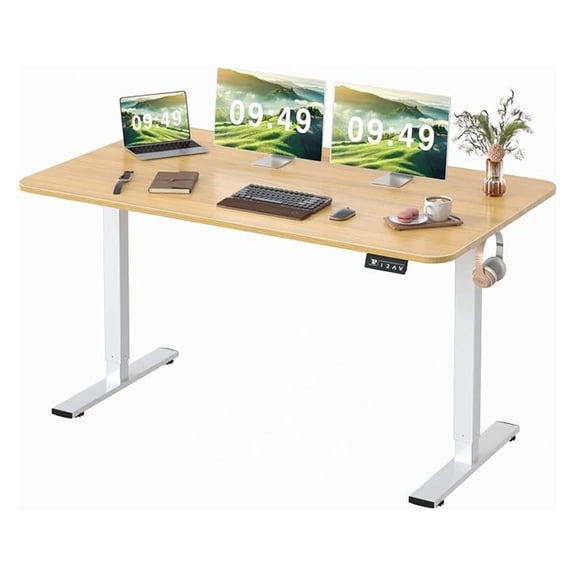 SONGMY Electric Height Adjustable Standing Desk Large 55 x 24 Inches Sit Stand up Desk Home Office Computer Desk Memory Preset with T-Shaped Metal Bracket, Light Wood