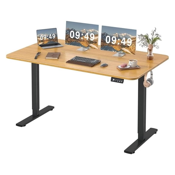 SONGMY Electric Height Adjustable Standing Desk Large 55 x 24 Inches Sit Stand Up Desk Home Office Computer Desk Memory Preset with T-Shaped Metal Bracket, Maple