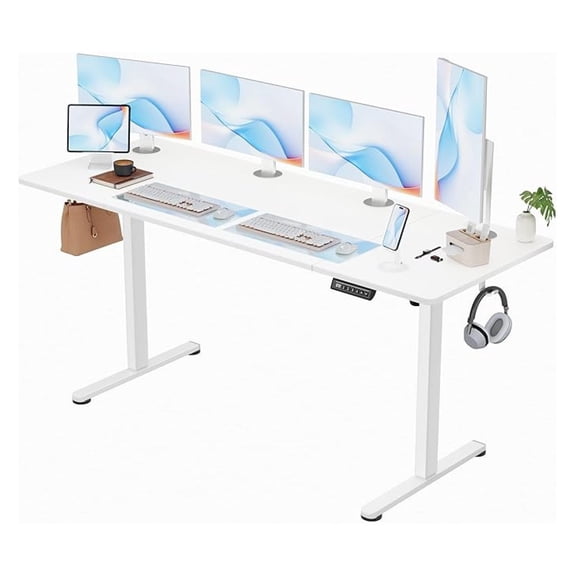 SONGMY Electric Standing Desk, 63 x 24 Inches Sit Stand up Desk, Sit Stand Height Adjustable Home Office Desk with 4 Height Position Memory - with Splice Board (White, 63)