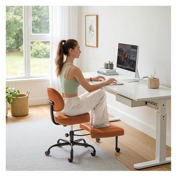 SONGMY Ergonomic Criss Cross Legged Office Chair with Wheels, 360°Swivel Adjustable Height Kneeling Desk Chair with Footrest for ADHD, Yoga, Meditation, Home Office (Leather, Brown)