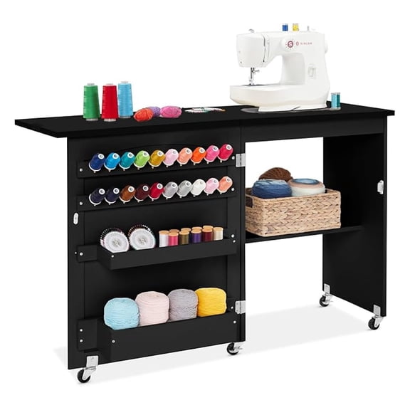 SONGMY Folding Sewing Table Multipurpose Craft Station & Side Desk with Compact Design, Wheels, Shelves, Storage Trays, Pegs, Magnetic Doors, Metal Doorknobs - Black