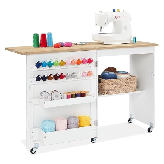 SONGMY Folding Sewing Table Multipurpose Craft Station & Side Desk with Compact Design, Wheels, Shelves, Storage Trays, Pegs, Magnetic Doors, Metal Doorknobs - Natural/White