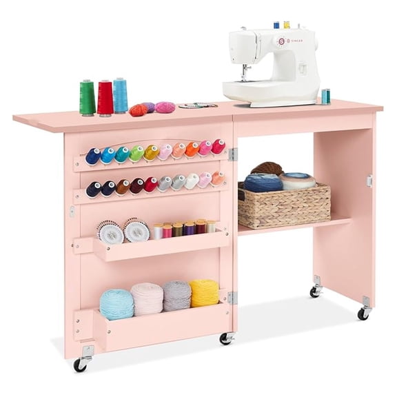 SONGMY Folding Sewing Table Multipurpose Craft Station & Side Desk with Compact Design, Wheels, Shelves, Storage Trays, Pegs, Magnetic Doors, Metal Doorknobs - Pink