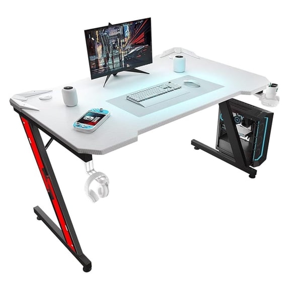 SONGMY Gaming Computer Desk with Carbon Fiber Surface, Gaming Table Z Shaped Pc Home Office with Cup Holder&Headphone Hook(44 in, White)