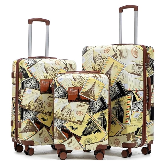SONGMY Hardside Luggage, Lightweight Durable PC Suitcase with Spinner Wheels, City Stamps, 20/24/28 Inch