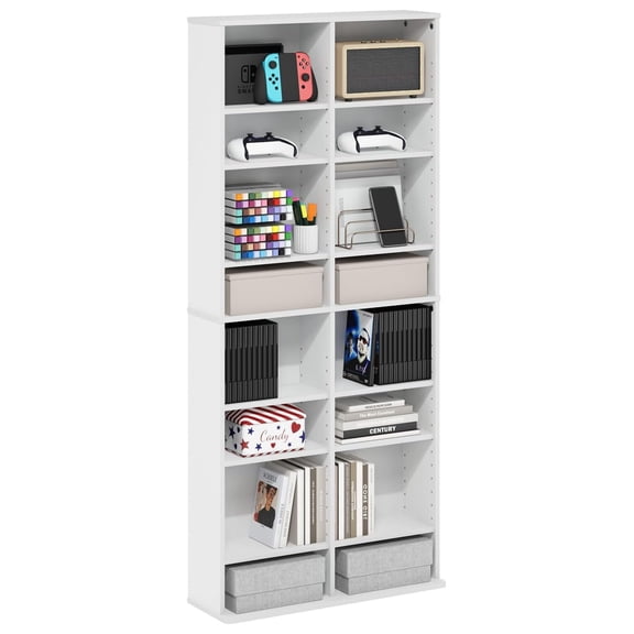 SONGMY Jaya DVD Shelf, 16-Shelf Wide CD Rack, Media Shelf with Adjustable Shelves, 8 x 2 DVD Storage Cabinets for CD Blueray Game Disc, Easy Assembly, for Living Room, Home Office, White