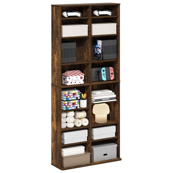 SONGMY Jaya DVD Shelf, 16-Shelf Wide CD Rack, Media Shelf with Adjustable Shelves, 8 x 2 DVD Storage Cabinets for CD Blueray Game Disc, Easy Assembly, for Living Room, Home Office, Amber Pine