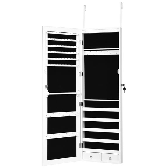 SONGMY Jewelry Armoire Organizer,Non Full Mirror Wooden Wall Mounted 4-Layer Shelf Larger Capacity Jewelry Storage Mirror Cabinet,White,14.5"W× 3.5"D ×56.5"H(With LED Light)