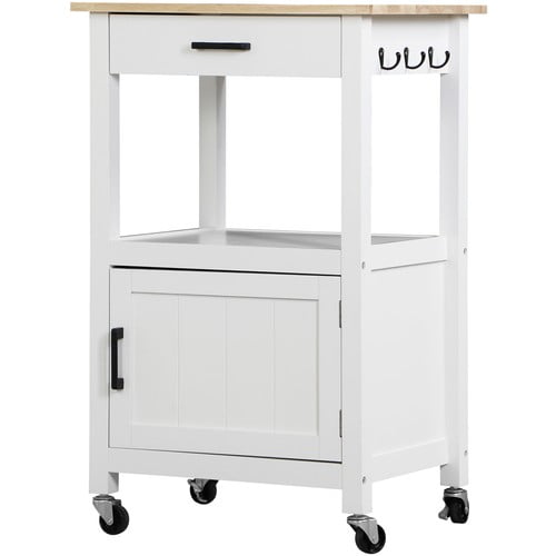 SONGMY Kitchen Cart Island, White Rolling Wooden Trolley with Hooks Storage Cabinet