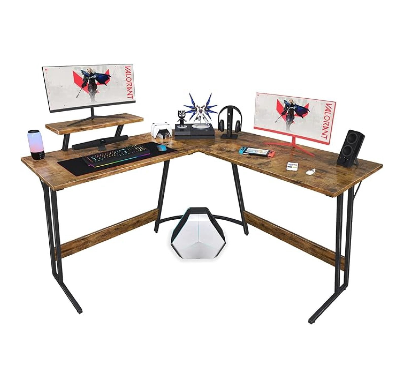 SONGMY L Shaped Gaming Desk Computer Corner Desk PC Gaming Desk Table with Large Monitor Riser Stand for Home Office Sturdy Writing Workstation (Classical Brown, 51 Inch)