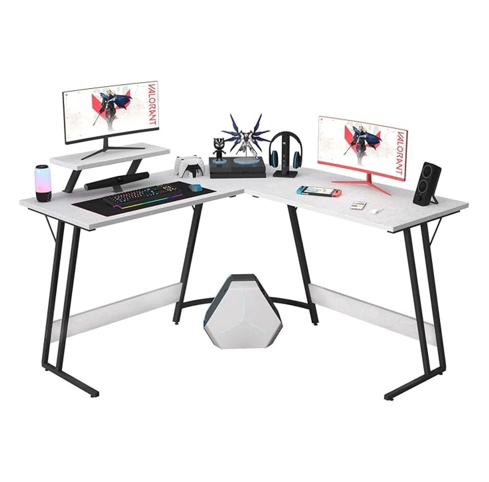 SONGMY L Shaped Gaming Desk Computer Corner Desk PC Gaming Desk Table with Large Monitor Riser Stand for Home Office Sturdy Writing Workstation (Classical White, 51 Inch)