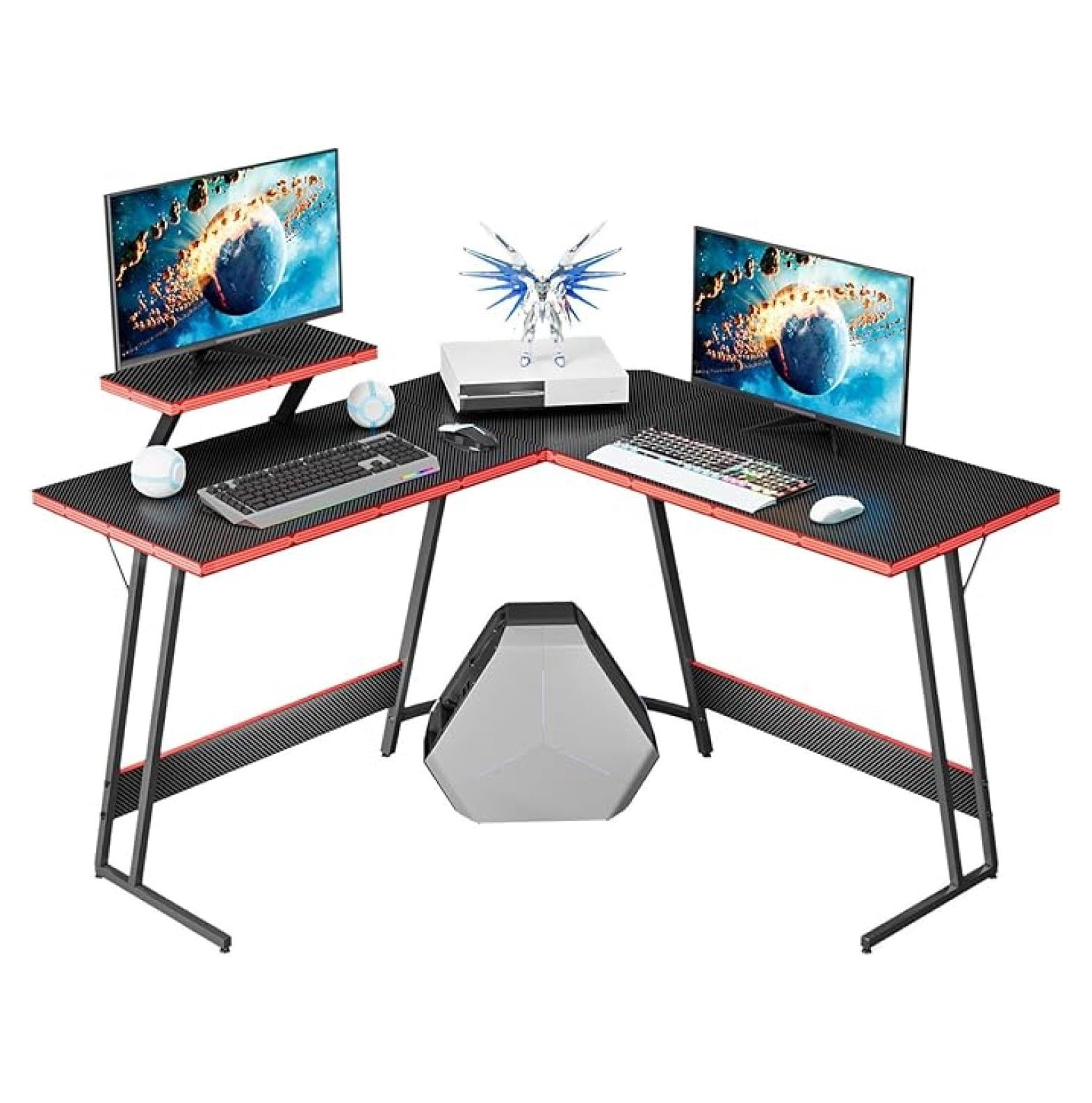 SONGMY L Shaped Gaming Desk Computer Corner PC Desk Table with Large Monitor Riser Stand for Home Office Sturdy Writing Workstation (Black, 47 Inch)