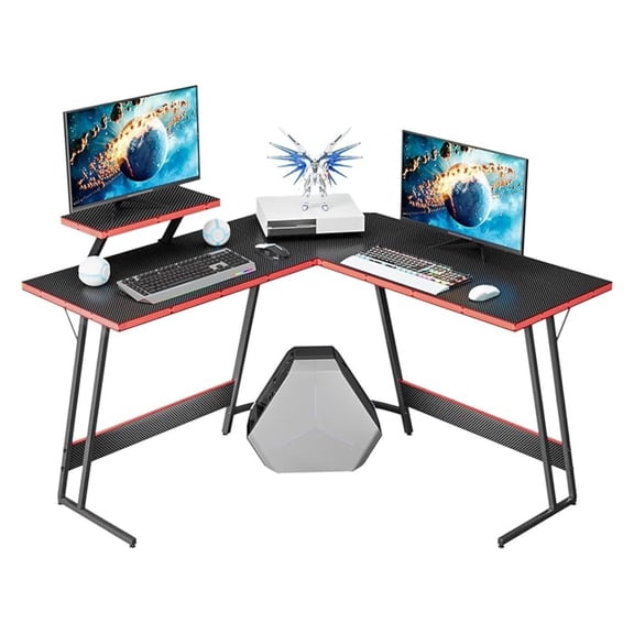 SONGMY L Shaped Gaming Desk Computer Corner PC Desk Table with Large Monitor Riser Stand for Home Office Sturdy Writing Workstation (Black, 47 Inch)