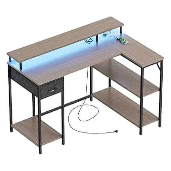 SONGMY L Shaped Gaming Desk with LED Lights & Power Outlets, Reversible Computer Desk with Shelves & Drawer, 47’’ Corner Desk Table with Monitor Stand, Home Office Study Writing Table (Grey)
