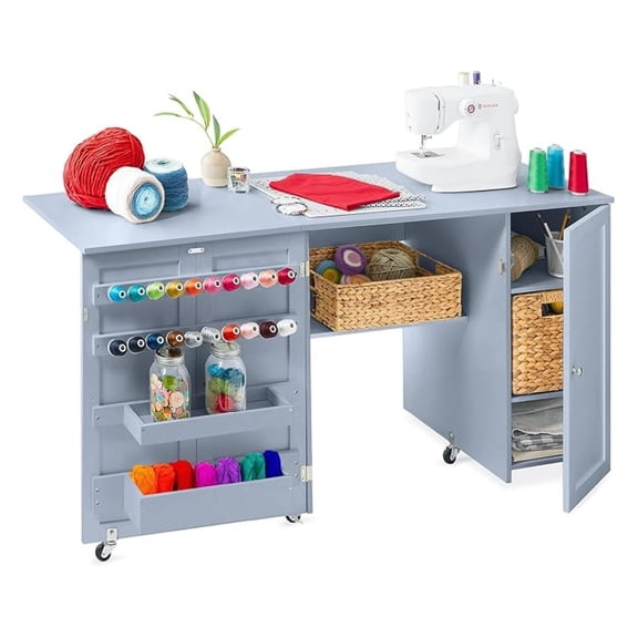 SONGMY Large Folding Sewing Table, Multipurpose Portable Craft Station & Side Desk w/Compact Design, Caster Wheels, Storage Shelves, 2 Storage Trays, Magnetic Doors - Light Blue