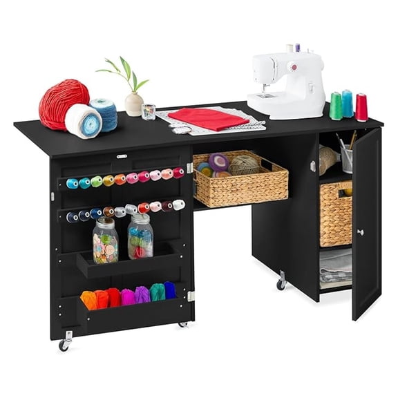 SONGMY Large Folding Sewing Table, Multipurpose Portable Craft Station & Side Desk w/Compact Design, Caster Wheels, Storage Shelves, 2 Storage Trays, Magnetic Doors - Black