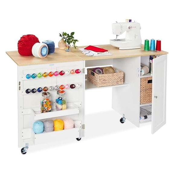 SONGMY Large Folding Sewing Table, Multipurpose Portable Craft Station & Side Desk w/Compact Design, Caster Wheels, Storage Shelves, 2 Storage Trays, Magnetic Doors - Natural/White