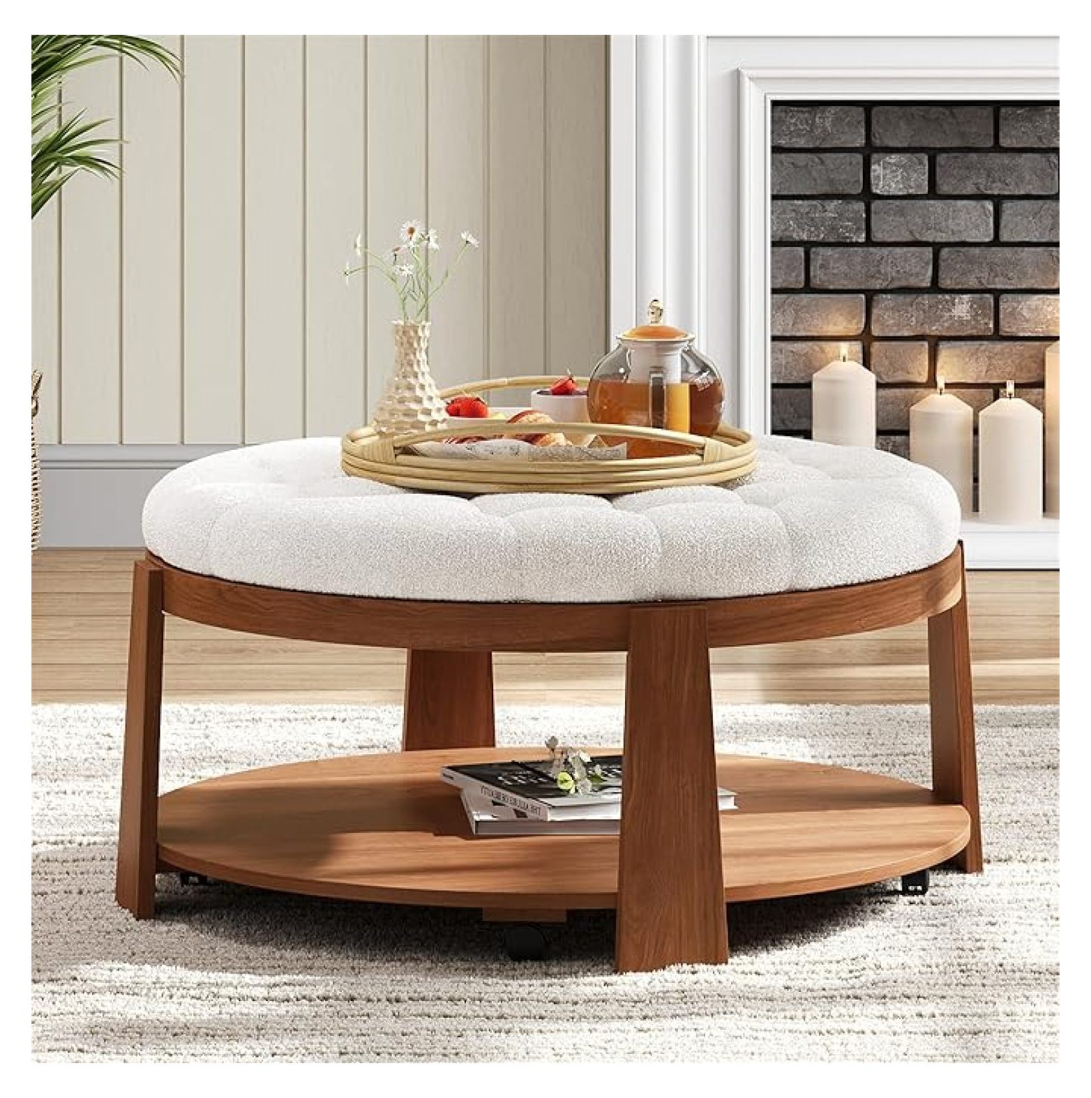 SONGMY Modern Large Round Ottoman Upholstered Coffee Table with Wheel ...