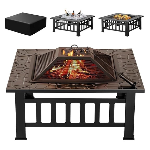 SONGMY Outdoor Fire Pit, 32 Inch Firepit Table Metal Outdoor Fireplaces with Waterproof Cover for Outside Patio Camping (Black)