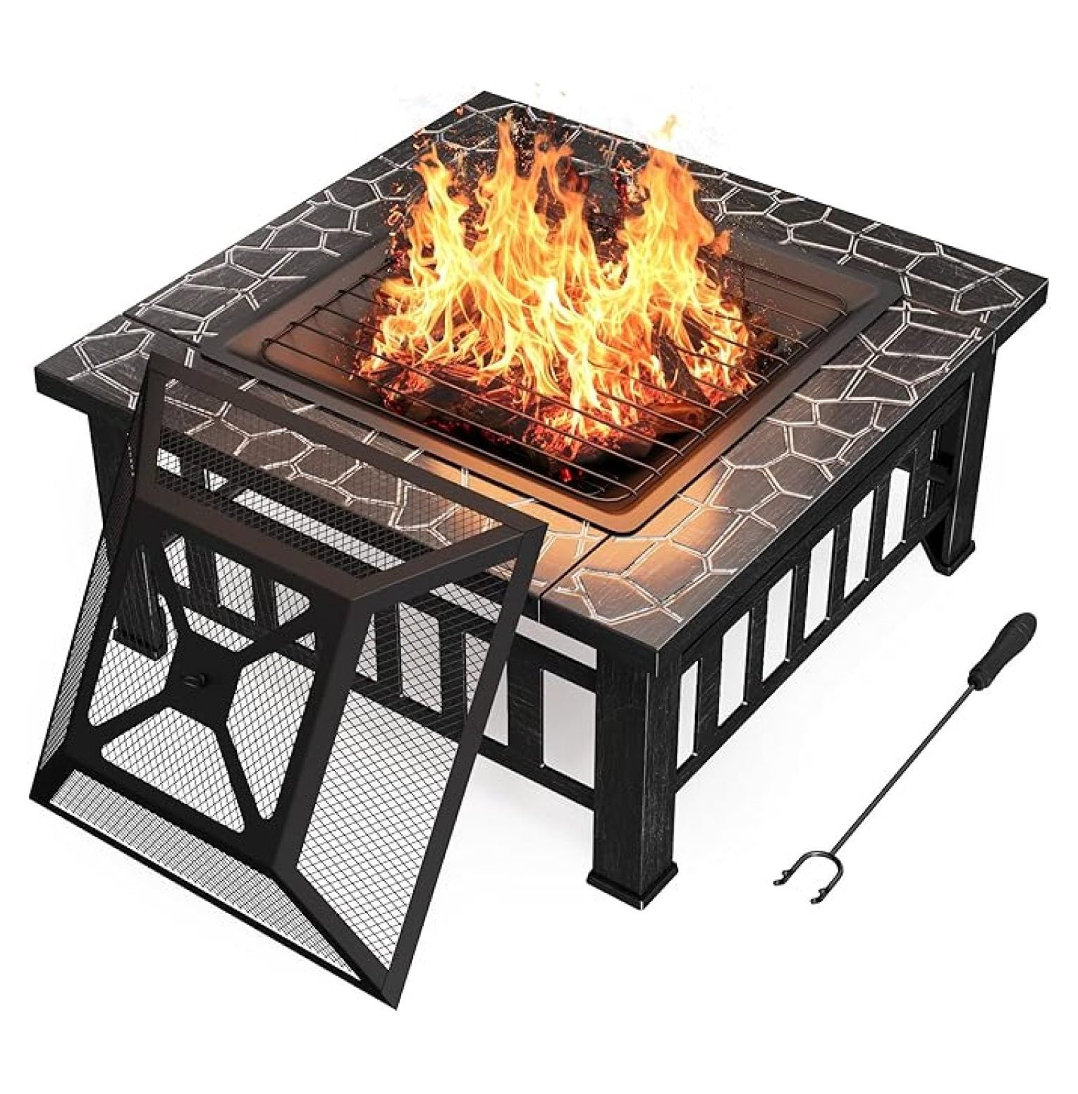 SONGMY Outdoor Fire Pit, 32 Inch Firepit Table Metal Outdoor Fireplaces with Waterproof Cover for Outside Patio Camping (Silver)