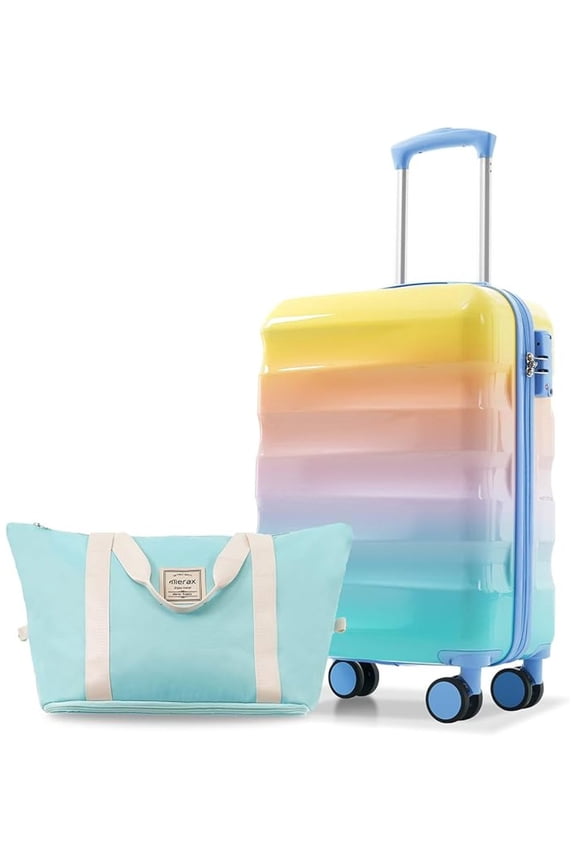 PC+ABS 20" Carry-On Luggage Set with Detachable Makeup Case Compact & Flight Approved, Rainbow