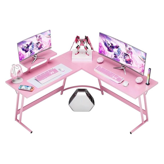SONGMY Pink L Shaped Gaming Desk Computer Corner PC Desk Table with Large Monitor Stand for Home Office Studying Writing Workstation, Gift for Girls and Women (Pink, 51 Inch)