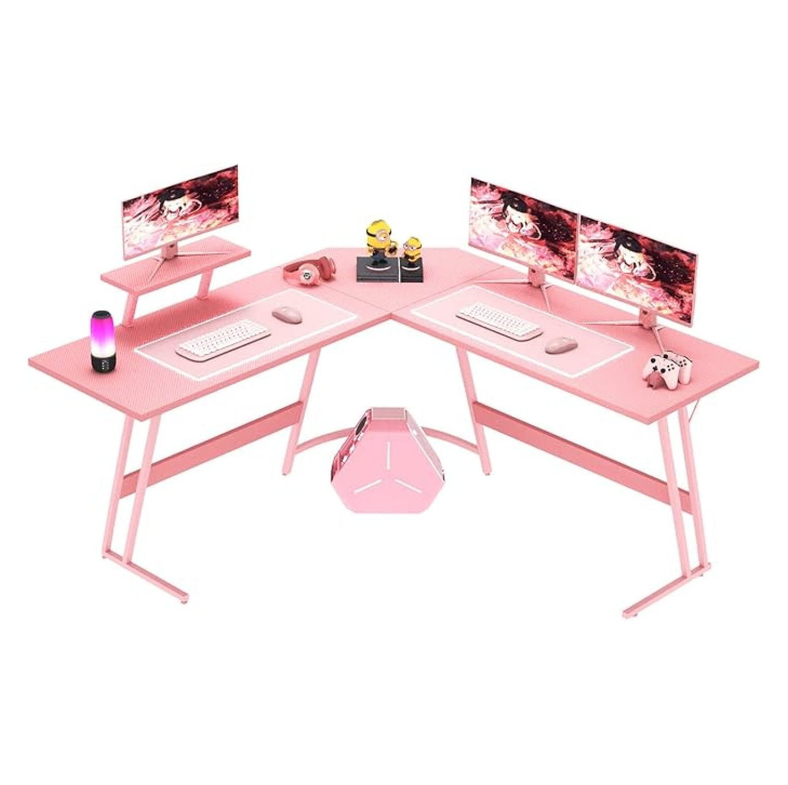 SONGMY Pink L Shaped Gaming Desk Computer Corner PC Desk Table with Large Monitor Stand for Home Office Studying Writing Workstation, Gift for Girls and Women (Pink, 57 Inch)
