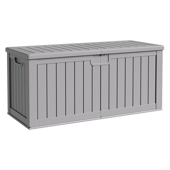 SONGMY Resin Deck Box 250 Gallon, Waterproof Imitation-Wood Lockable Storage Box with Separator Plate Outdoor Indoor, Garden, Patio Furniture for Tools&Pool Accessories (Gray)