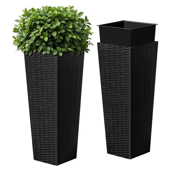 SONGMY Resin Tall Planters for Outdoor Plants Set of 2, Large Taper Outdoor Planter Pots with 4 Drainage Holes, Flower Pots Modern Decor for Porch, Patio, Backyard, Home Garden (Black, 24")