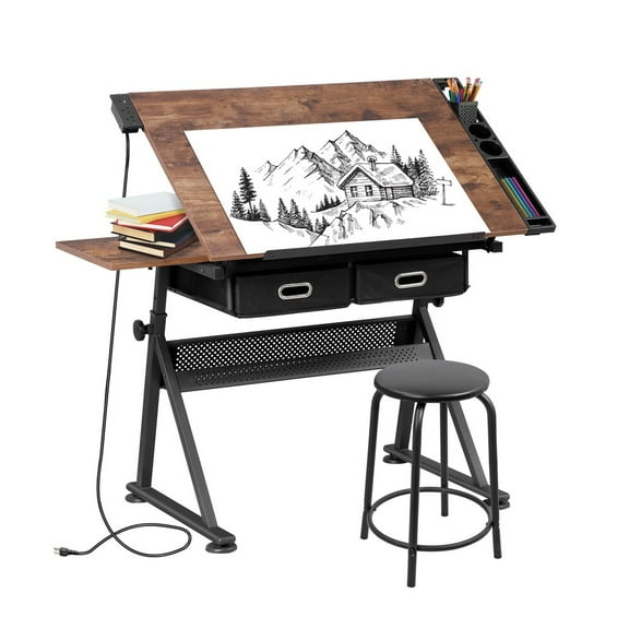 SONGMY Retro Drafting Drawing Table, 9-Level Adjustable Angle Art Table with Stool, Arts & Crafts Drawing Desk