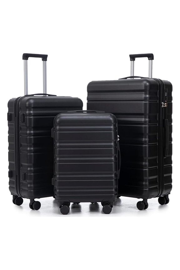 Sets with TSA Lock ABS Hardshell Luggage, Solid Black, 20/24/28 Inch