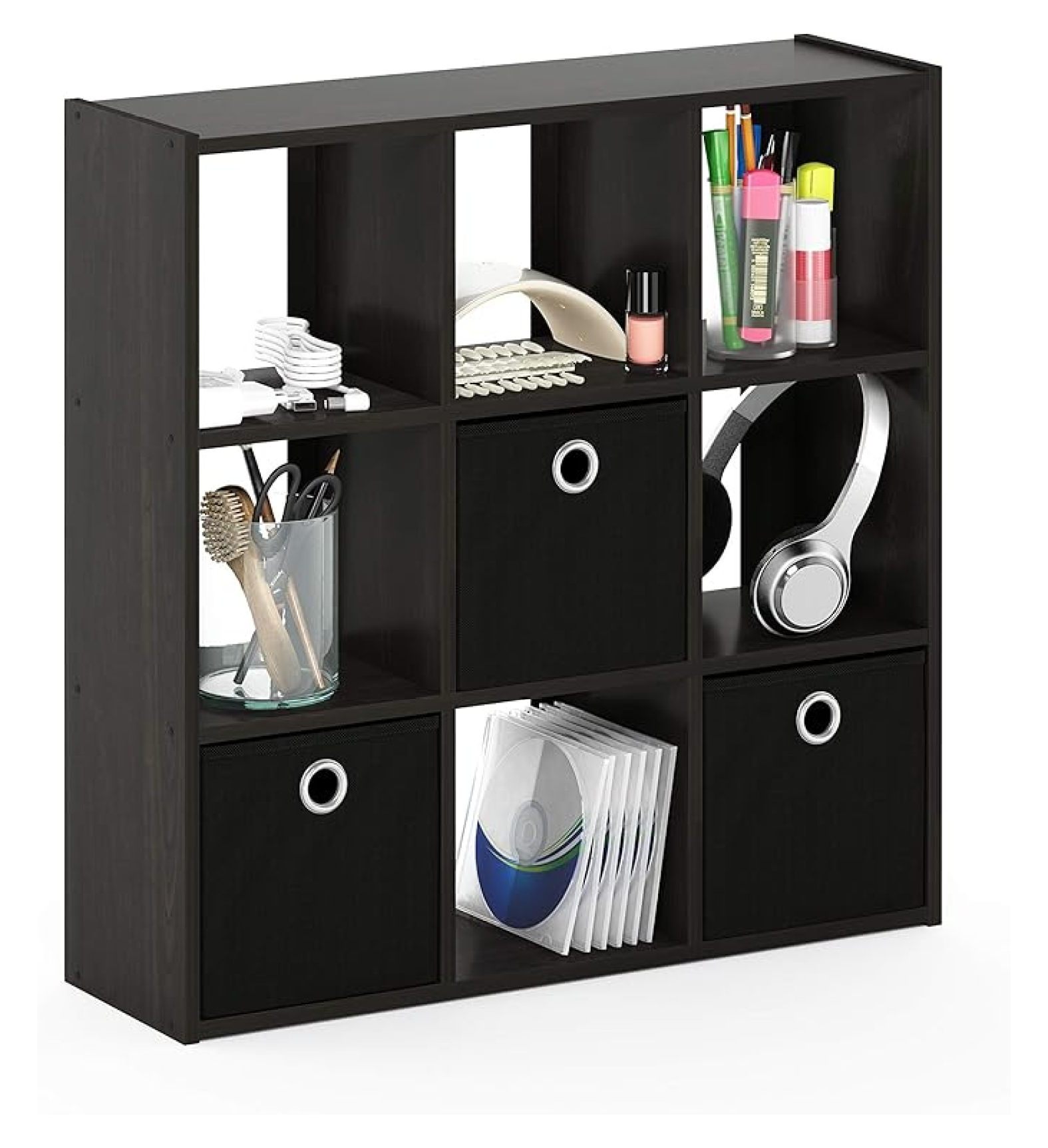 SONGMY Simplistic 9-Cube Organizer with Bins, Small Size (Assembled unit dimensions : 7.9"D x 26.5"W x 26.7"H inches), Espresso/Black
