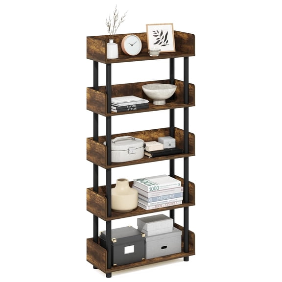 SONGMY TURN-N-TUBE 5-Tier Display Shelf, Storage Shelves, Book Shelf, Open Shelves with Rounded Corner Top Edges, for Organization and Storage, Living Room, Home Office, Amber Pine