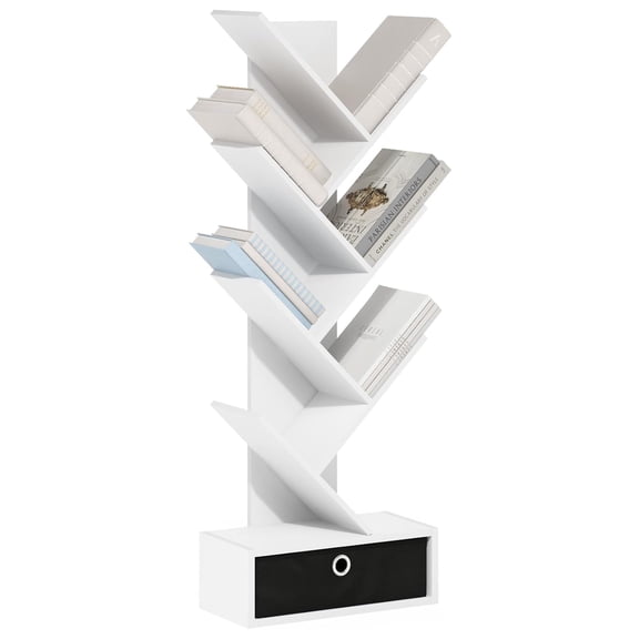 SONGMY Tree Book Shelf, 7-Tier Bookshelf, Tree Bookcase with Bin Drawer, 8.4 x 16.9 x 46.2, for Living Room, Bedroom, Home Office, White/Black