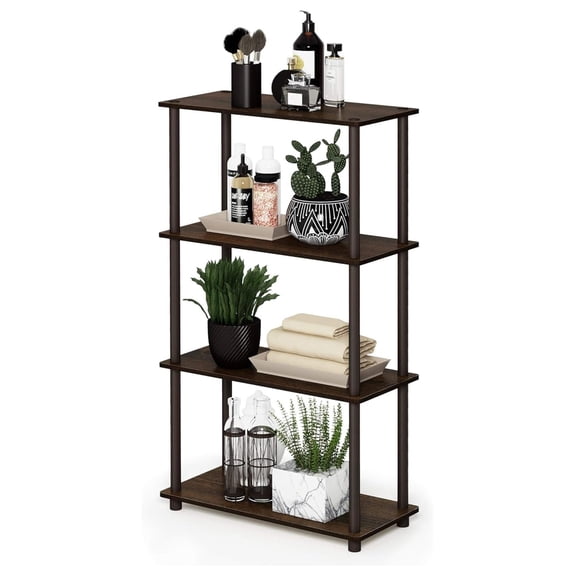 SONGMY Turn-N-Tube 4-Tier Multipurpose Shelf Display Rack, Round Tubes, Walnut/Brown