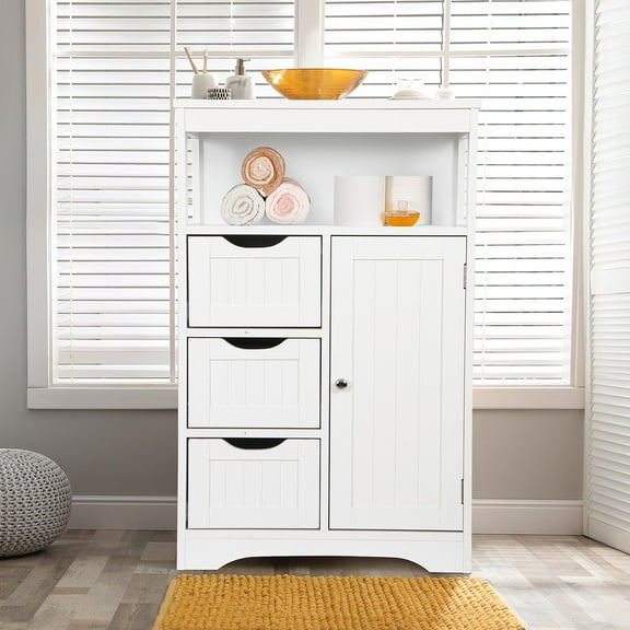 SONGMY White Wooden Bathroom Cabinet with 3 Drawers 1 Door, Storage Cabinet for Bathroom, Freestanding Medicine Cabinet